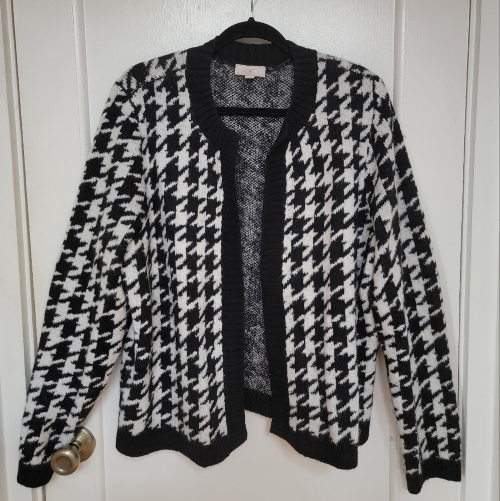 Loft Outlet Open Front Houndstooth Black and White Cardigan